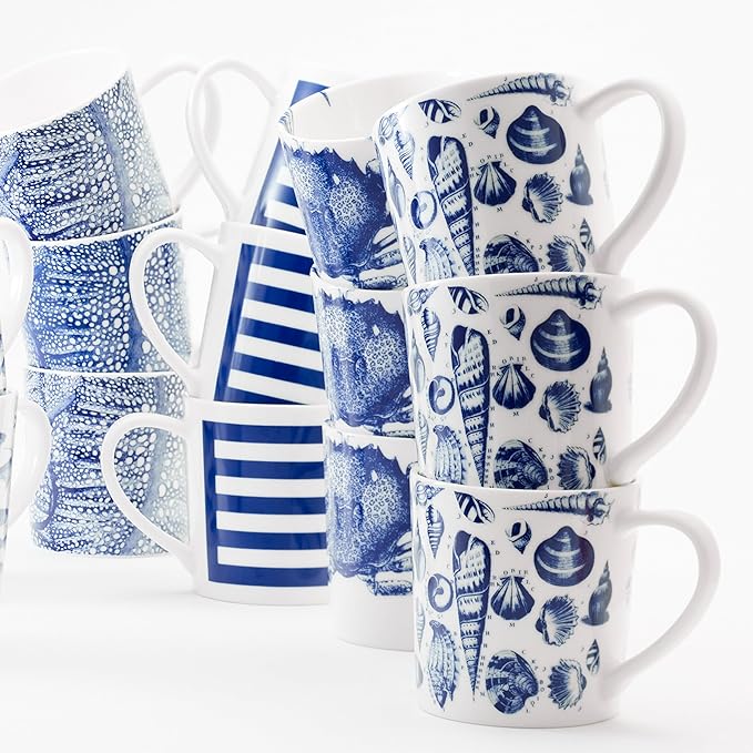 Caskata Shells Oversized Mugs Set of 4 | High-Design Premium Lead-Free Porcelain Blue Mug Set for Entertaining or Everyday | Unique Party Mugs for Wedding or Birthdays | 14 oz