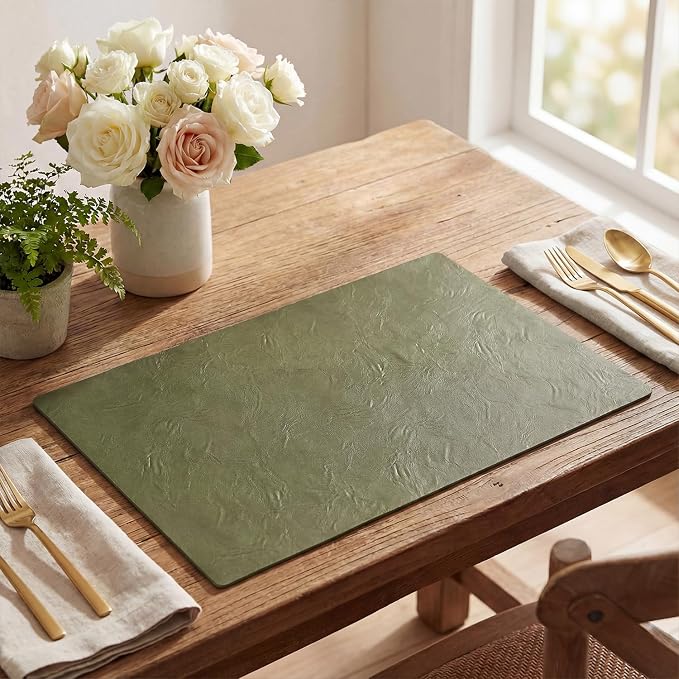 Artoid Mode Olive Green Faux Leather Placemats Set of 8, 12x18 Inch Waterproof Wipeable Heat Resistant Vinyl Place Mats, Reversible Table Mats for Kitchen Dining Decor