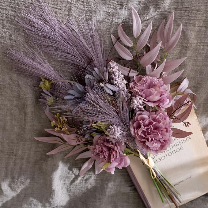 Artificial Fake Faux Flowers Silk Flower Arrangements Bouquets Consists of Peonies, Chrysanthemums, Pampas Grass (Purple)