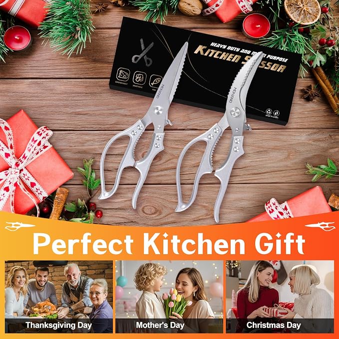 MDHAND Kitchen Shears Set, Heavy Duty Poultry Shears with Anti-Slip Handle & Safety Lock, Kitchen Food Scissors for Meat Chicken Fish Turkey Vegetables, Dishwasher Safe Cooking Scissors, Spring Loaded