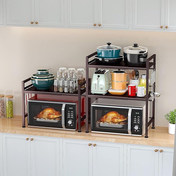 PUSDON 3-Tier Expandable Microwave Oven Rack, Countertop Baker's Rack Style Shelf, Heavy Duty Adjustable Stand with Hooks, 160lbs Capacity Rustic Decor, Vintage Bronze