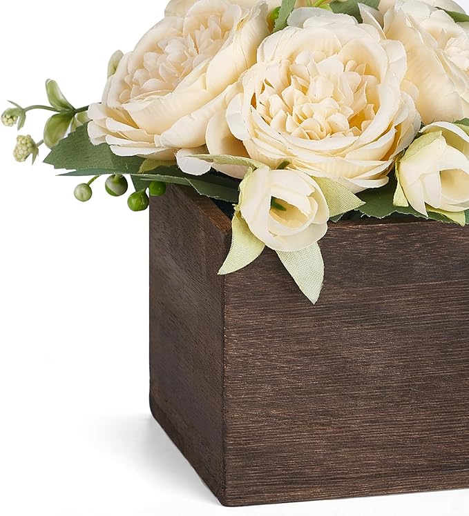 Dahey Small Flower Centerpieces for Tables Set of 3 Artificial Flowers with Wooden Vase Farmhouse Table Decor for Dinning Living Room Kitchen Wedding Party Office Home Decoration