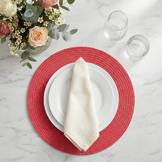 AHHFSMEI Round Placemats Set of 6 Heat Resistant Washable Non-Slip Woven Braided Table Mats for Dining Table Kitchen & Home Decor (Red Shine)