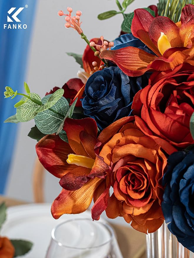 FANKO Artificial Flowers for DIY, Dusty Blue Navy Burnt Orange Faux Flowers Bouquet, Fake Rose Lily Silk Flowers for Vase, Home Decor, Celebrations, Summer Wedding, Rustic Events, Party