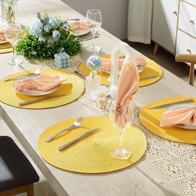 AHHFSMEI Round Placemats Set of 6 Heat Resistant Washable Non-Slip Woven Braided Table Mats for Dining Table Kitchen & Home Decor (Yellow)