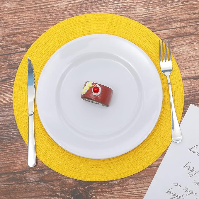 Topotdor 14 Inch Round Placemats Stain Resistant Anti-Skid Washable Polyproplene Table Mats Placemats (Yellow, Set of 6)