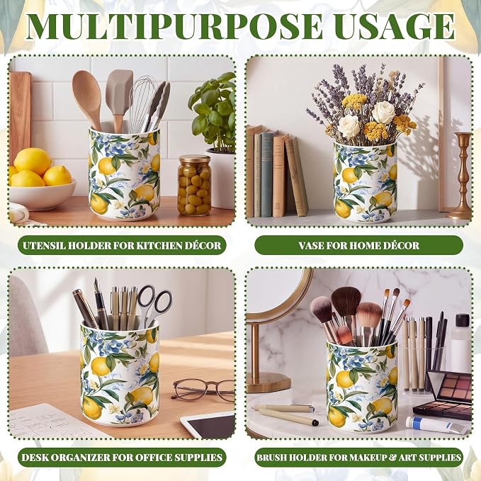 Suclain Lemon Ceramic Utensil Holder 6.3 Inch Rustic Kitchen Crock Summer Lemon Floral Design Countertop Storage Organizer for Spatula and Spoon Home Cooking Unique Gift Idea
