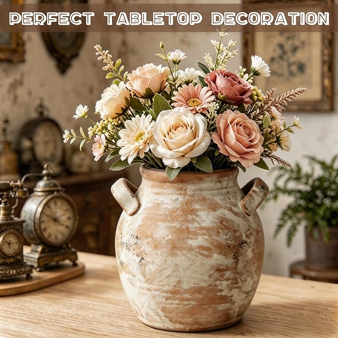 Rustic Kitchen Utensil Holder with Handle, 7" Ceramic Farmhouse Stable Utensil Crock for Countertop, Vintage Cooking Tool Organizer & Spatula Holder For Kitchen Decor (Light Embroidery Hue)