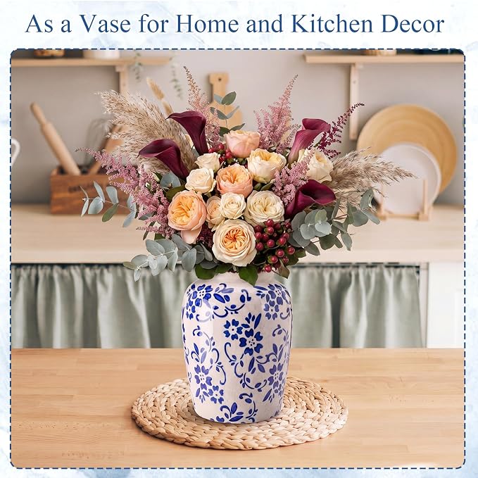 Vintage Kitchen Utensil Holder Chinoiserie Floral Ceramic Utensil Holder Crock Farmhouse Rustic Blue and White Kitchen Decoration for Countertop Organizer