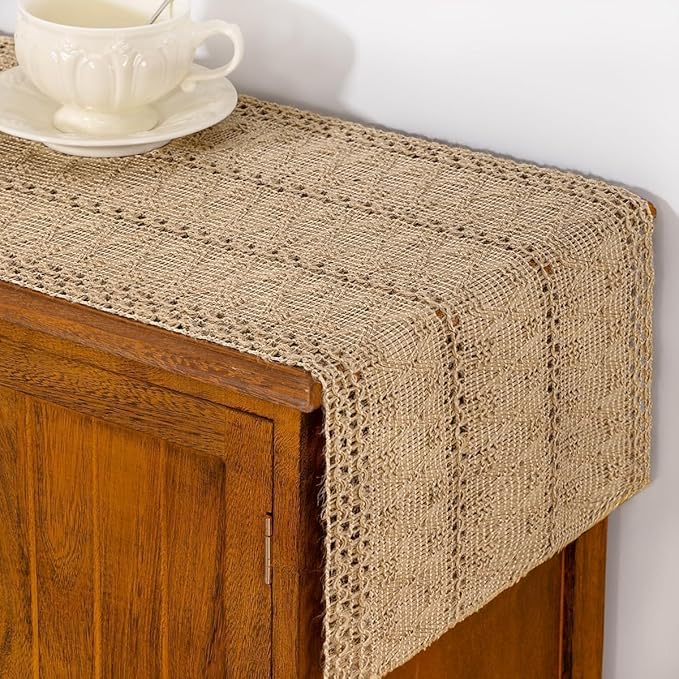 Burlap Brown Boho Woven Cotton Linen Table Runner 11"x60" with Tassels Rustic Macrame Farmhouse Table Runner for Summer Dining Room Wedding Kitchen Party