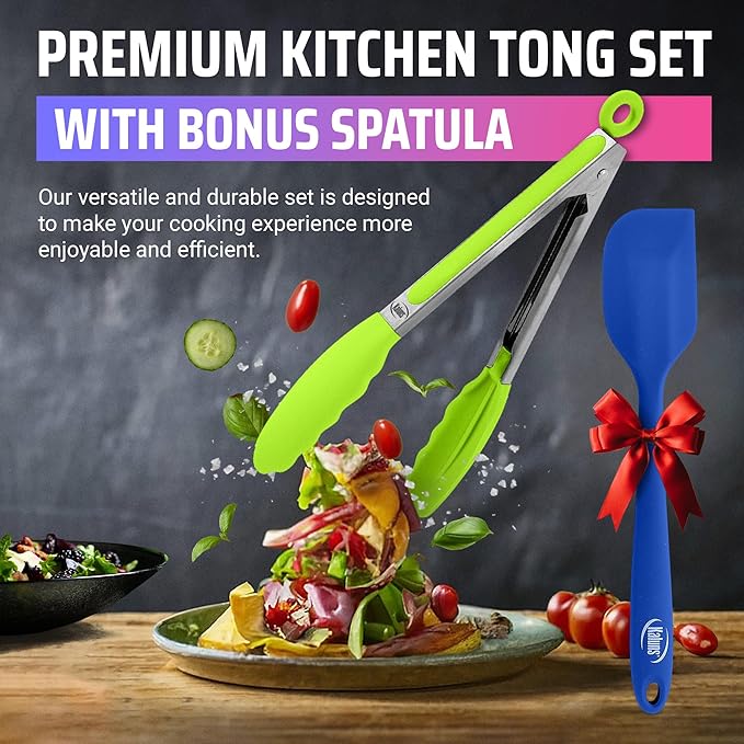 Kaluns Kitchen Tongs for Cooking Grilling Set of 4, BBQ Grill Tongs With Silicone Tip Stainless Steel Heat Resistant, Non-stick Pull Lock, Incl 7, 9, 12 Inch Tong Plus a Silicone Spatula