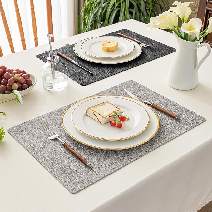 Romanstile Vinyl Placemats Set of 4, Reversible Faux Leather Heat Resistant Wipeable Table Mats, Waterproof Washable Non-Slip Table Placemats for Dining/Kitchen/Outdoor (Grey Light Grey, 12" x 17")