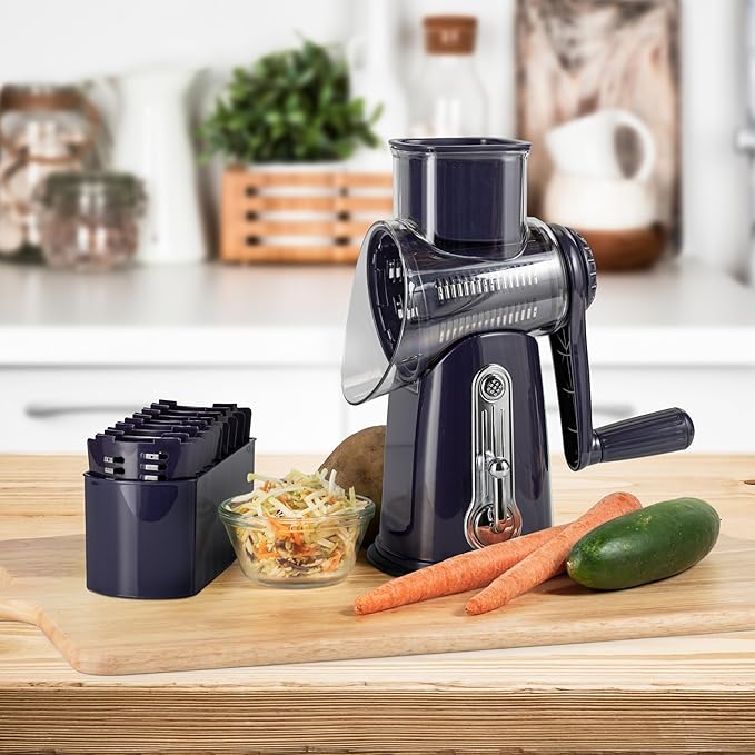5-in-1 Rotary Cheese Grater with Handle – Stainless Steel Blades, Vegetable Slicer & Shredder, Nut Grinder, Carrot & Cabbage Grater, Easy-to-Clean Kitchen Tool (Purple)