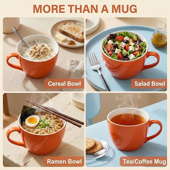 MECOWON 30 OZ Porcelain Coffee Mugs, Set of 2 Large Mugs for Soup, Cereal and Salad (Orange)