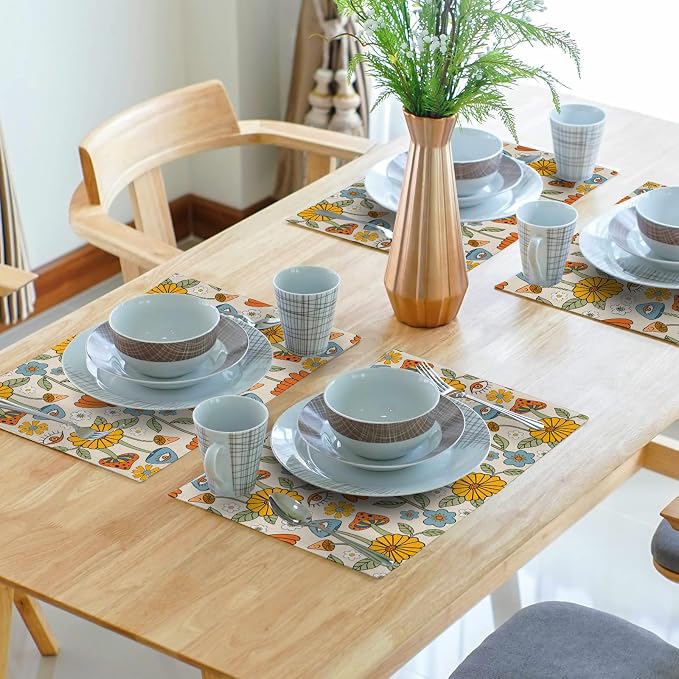 Retro Boho Floral Placemats Set of 6 70s Vintage Cute Abstract Mushrooms Fun Linen Washable Kitchen Dining Table Mats Stain Heat-Resistant Desktop Decor Place Mats for Home Party Dinner 12x18 in…
