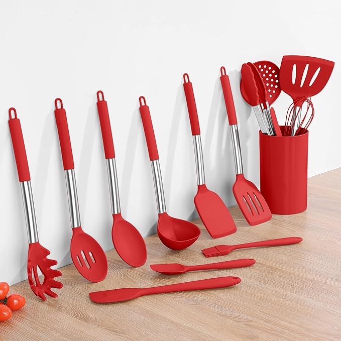 Onader 15 Pcs Silicone Cooking Utensils Set, Red Kitchen Utensils Spatula Set with Holder, Large Kitchen Gadgets Tools for Nonstick Cookware