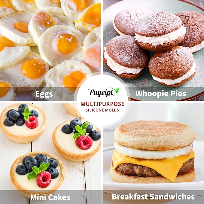 Puyeipt 3 Pack Silicone Egg Molds for Breakfast Sandwiches, 3 Inch Non-Stick Round Muffin Top Pans for Baking Egg Bites, Whoopie Pies, Tarts