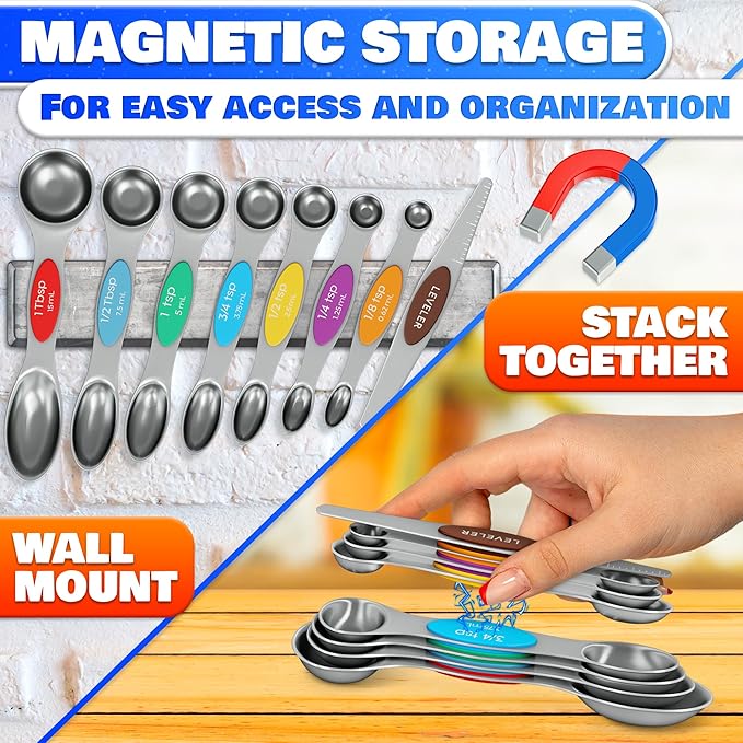8 Pcs Magnetic Measuring Spoons Set Stainless Steel – Magnet Measuring Spoons 1/8 Tsp–1 Tbsp with Dual-Sided Design – Fits Narrow Spice Jars | Dry & Liquid Ingredients | Kitchen Ladle Gift Ideas
