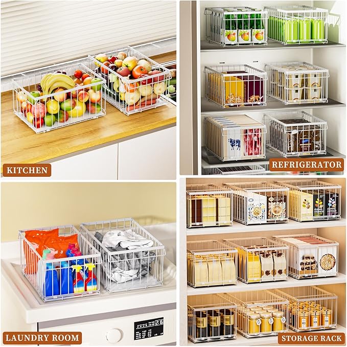 Large Freezer Organizer Bins, Upgrade One-Touch Open/Close, for 5-9 Cu.Ft Deep Freezer, 4 Pack Stackable Deep Freezer Organizer Bins, Black Wire Foldable Baskets White 4 Pack