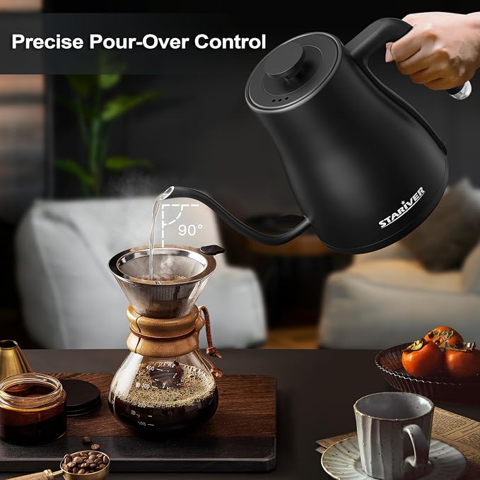 Stariver Gooseneck Electric Kettle with 5 Temperature Control Presets, Pour Over Coffee Kettle ±2℉ Temp Control, 1.2L Gooseneck Kettle, for Tea& Coffee, Stainless Steel Interior, 1000W, Black
