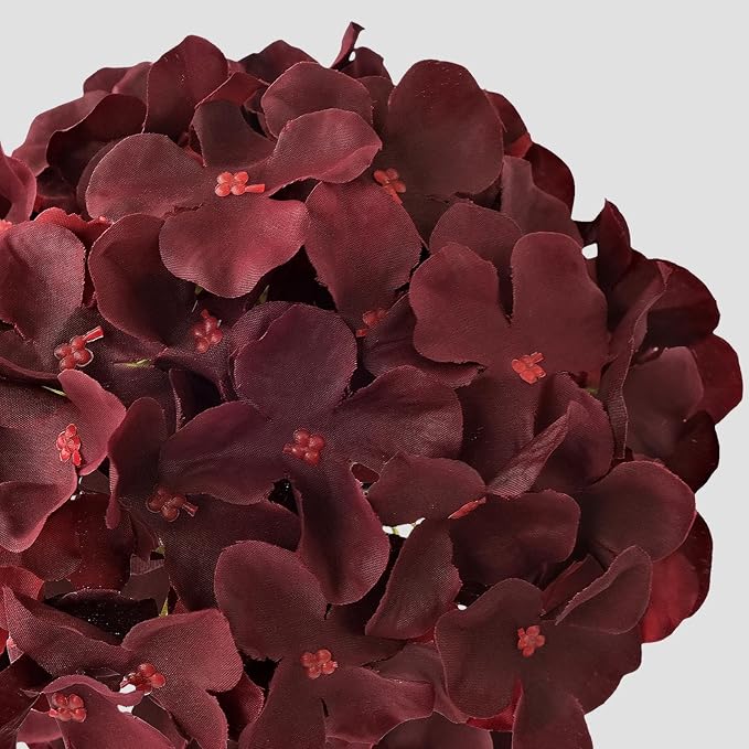 JINWOE 5Pcs Burgundy Silk Hydrangea Artificial Flowers, 20Inch Large Lifelike Flowers,Halloween Christmas Artificial Hydrangeas for Indoor Bouquet Table Centerpieces Floral Arrangements Home Wedding