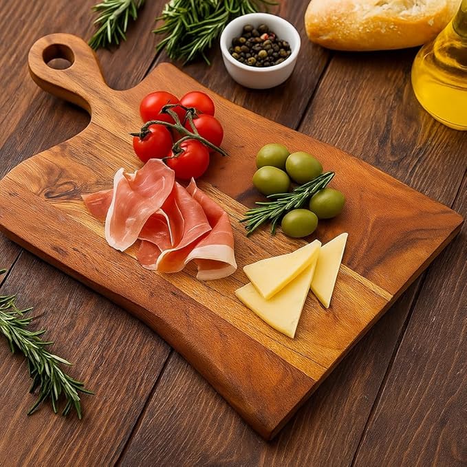 Live Edge Wooden Cutting Board, Mixwood Chopping Board with Handle for Kitchen, Knife-Friendly Butcher Block, Charcuterie Cheese Serving Platter, Thick Food Prep Tray for Meat, Vegetable, 17"x12"