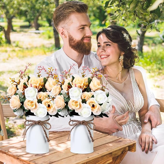 Domensi 12 Sets Wedding Centerpiece for Table Artificial Rose with Vase Fake Bouquets and Metal Pot Flower Arrangements for Bridal Shower Birthday Party Event Table Decor (Champagne Gold)