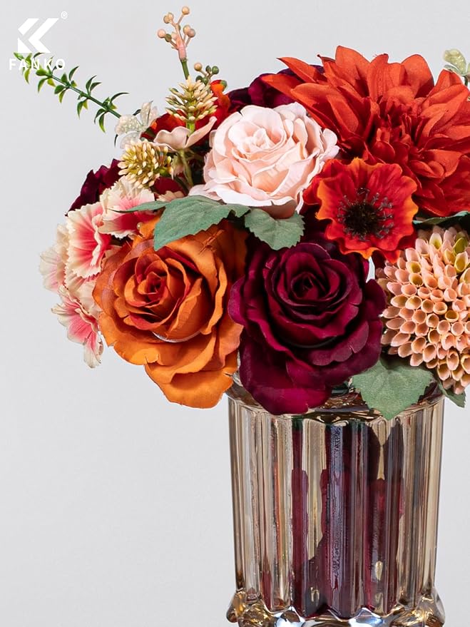FANKO Artificial Flowers for DIY, Burgundy Burnt Orange Blush Pink Faux Flowers Bouquet, Fake Rose Poppy Dahlia Daisy Silk Flowers for Vase, Home Decor, Celebrations, Summer Wedding, Birthday, Party