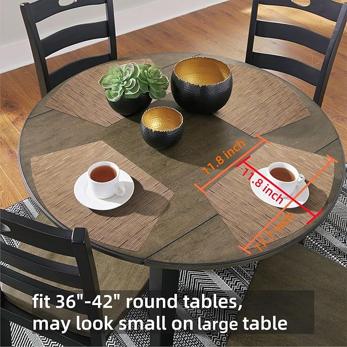 SHACOS Small Round Table Placemats Set of 5 Woven Vinyl Wedge Placemats with Centerpiece Round Table Mats Heat Resistant Wipe Clean (5, Tan)