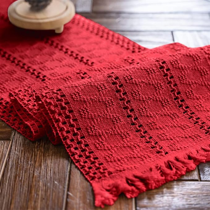 Macrame Table Runner Christmas Red Boho Table Runners with Tassels Hand Woven Cotton Table Runner Rustic Farmhouse Table Runners for Xmas Kitchen Dining Table(12x71in)