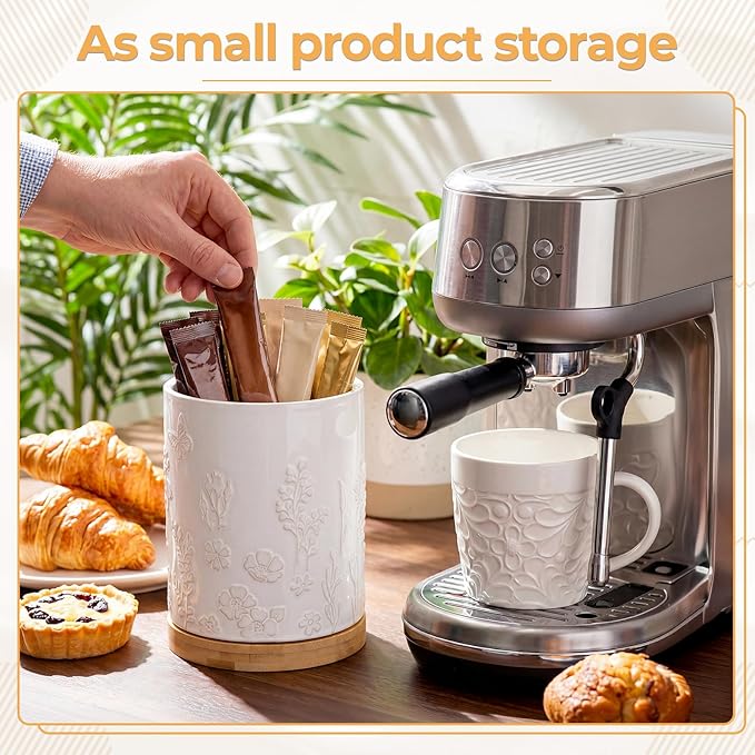 360° Rotating Extra Large Ceramic Utensil Holder 7.7" Kitchen Utensil Holder with Embossed Pattern Cooking Utensils Crocks for Kitchen Countertop