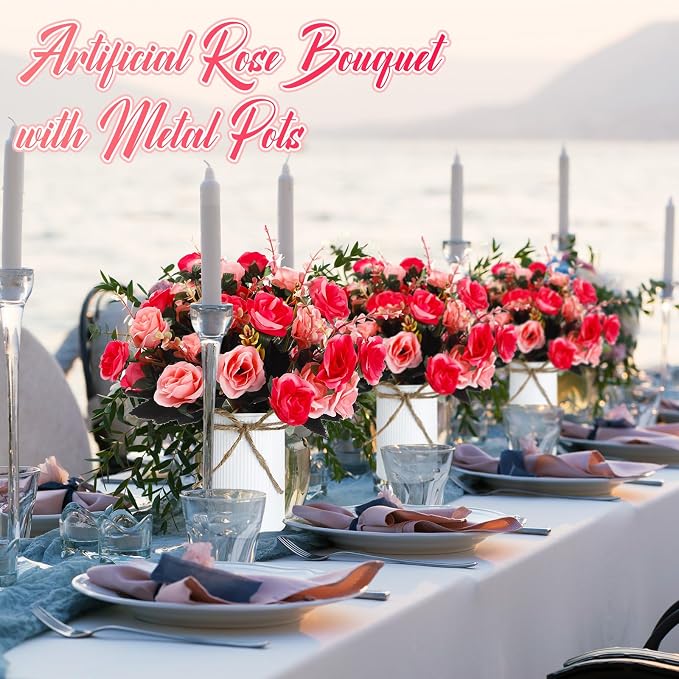 Domensi 6 Sets Wedding Centerpiece for Table Artificial Rose with Vase Fake Bouquets and Metal Pot Flower Arrangements for Bridal Shower Birthday Party Event Table Decor (Rose Red)