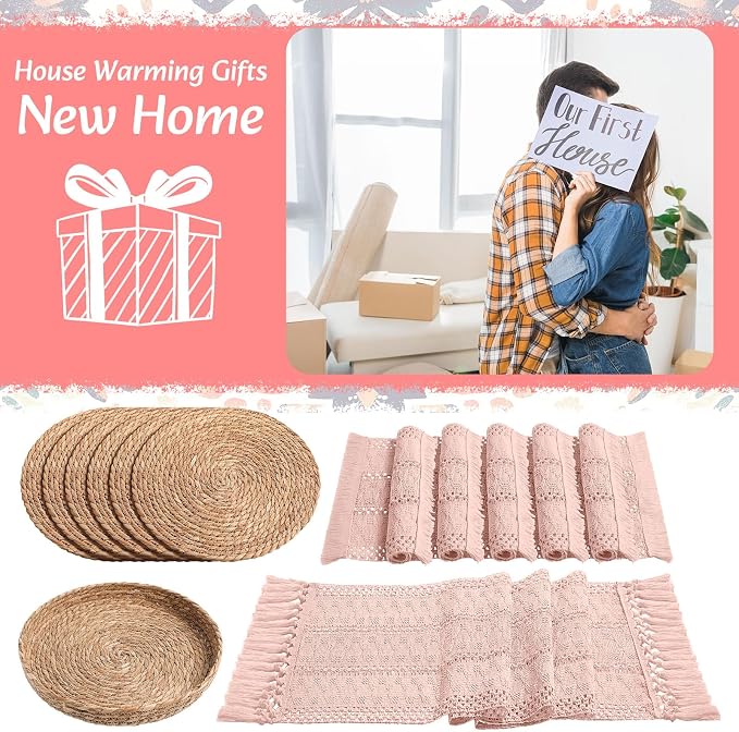 Boho Placemats 4/6/8 Set of Round Woven Placemat Macrame Style Bicolor Stitching Long Table Runner Farmhouse Rustic Natural Burlap Cotton for Kitchen Dining Table(6 Sets,Pink,12x72)