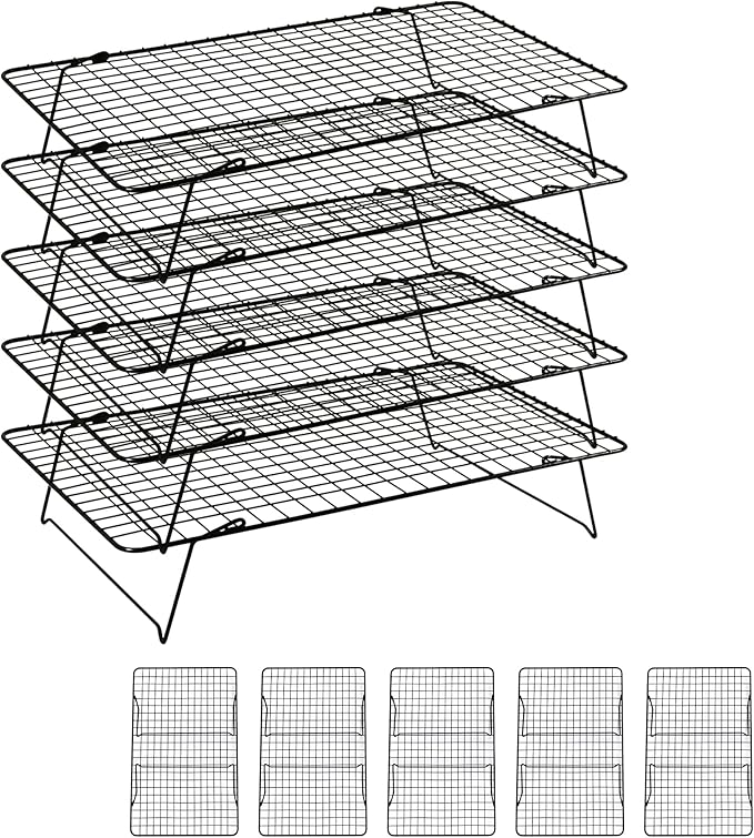 Cooling Rack, 5 Tier Stackable Cooling Racks for Cooking Baking Roasting, Multi-Level Collapsible Cookie Rack for Cakes, Oven Safe & Easy Clean (Black, 5-Tier)