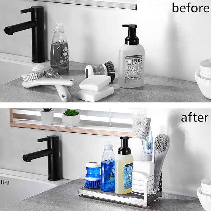 Wipe-Free Sink Organizer with Drying Stone, Instant Dry Sink Caddy Organizers, Kitchen Sponge Soap Holder Dispenser, Countertop Fast Drying Counter Tray Rack