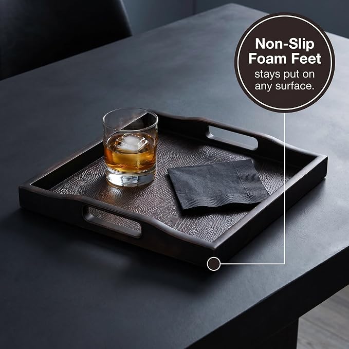 Bam & Boo Square Plastic Serving Tray 8.25" x 8.25" x 1" with Handles Wood Grain Texture Padded Bottom