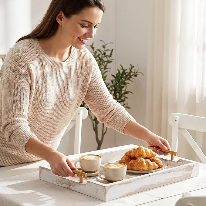 Wood Serving Tray with Metal Handles, 17x13in Large Wooden Tray for Ottoman, Coffee Table, Breakfast, Dinner & Bar, Decorative Tray for Living Room, Bedroom, Bathroom and Kitchen, Off-White