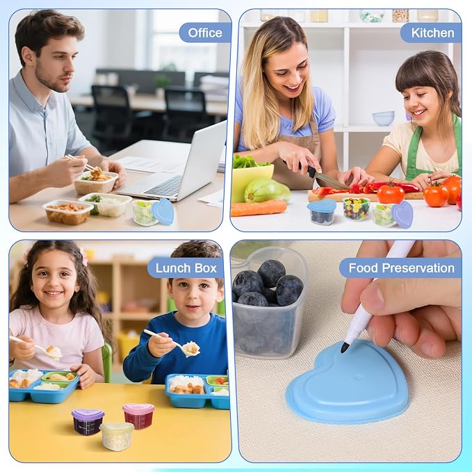 12pcs 2 oz Salad Dressing Container Heart-Shaped, Mini Condiment Containers with Leak-proof Lids for Bento Box, Reusable Plastic Food Storage Cups for Valentine's Day Party, Picnic