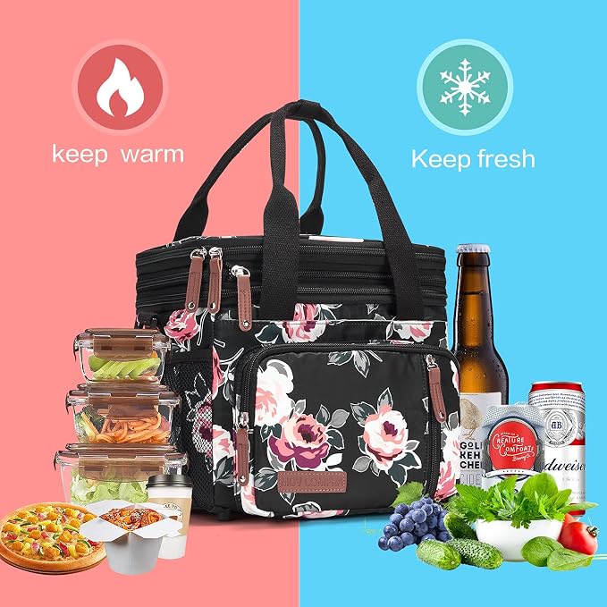 MOV COMPRA Lunch Bag Women Flower Insulated Lunch Box for Work, Expandable Large Lunch Bag, Leakproof Double Deck Lunch Box Cooler Bag with Removable Shoulder Strap(Flower)