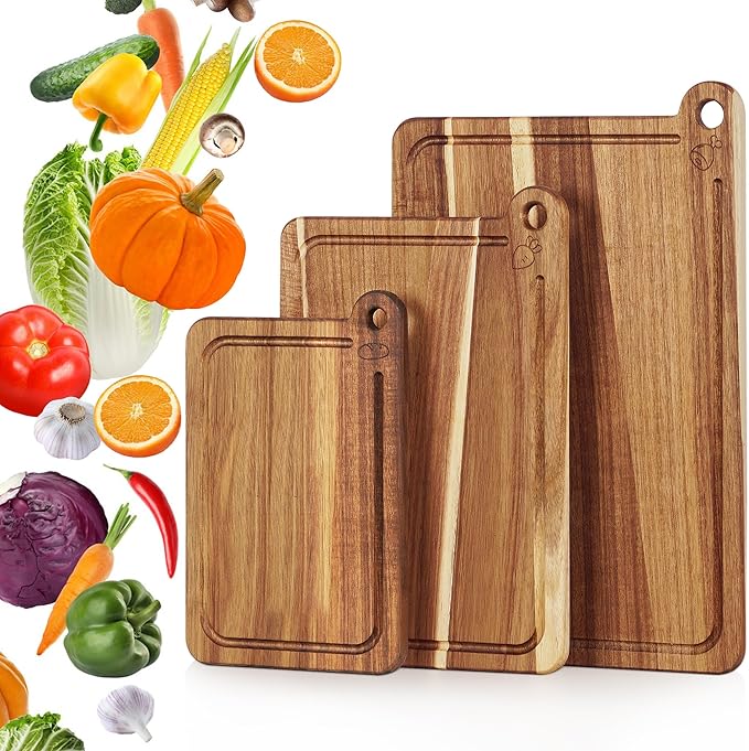 3 Pack Cutting Board Set, Acacia Wood Cutting Boards for Kitchen, Chopping Board with Deep Juice Grooves & Built-in Handle, Charcuterie & Chopping for Meat, Vegetables and Cheese