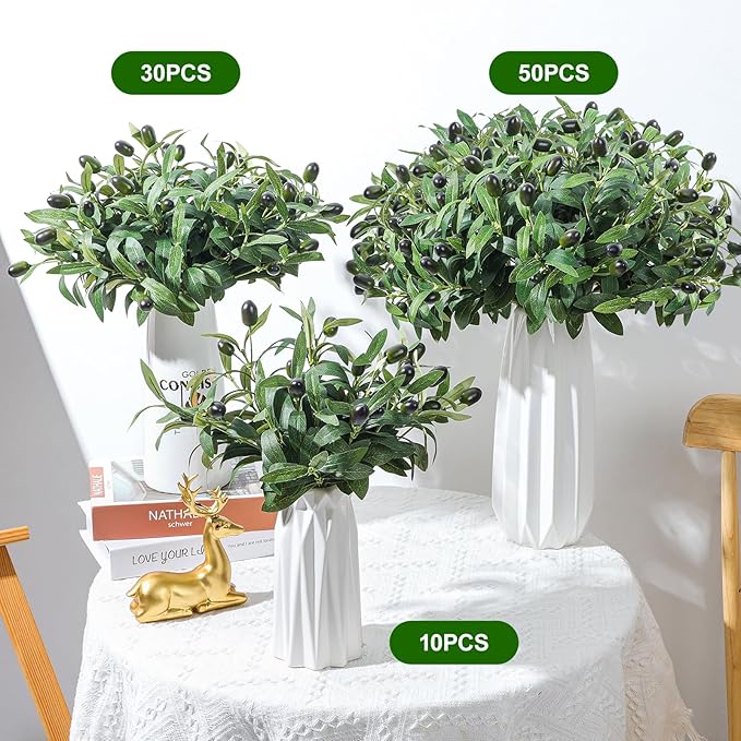 50pcs Faux Olive Leaves Stems 10” Tall Artificial Plants Olive Tree Branches for Small Vase Tabletop Greenery Decor for Home Office Wedding Party (Vase Not Included)