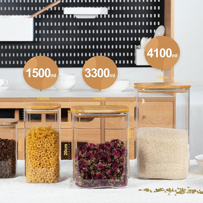 D2scrma 149oz 50oz Airtight Glass Square Storage Canister with Bamboo Lid Set of 2(4400ml*1 1500ml*1) Large Gallon Glass Jars for Sugar, Flour, Cookies and Coffee beans (with Black Lable)
