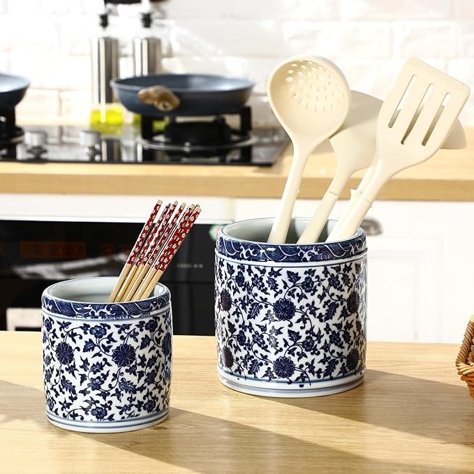 SiliFine 2 Pcs Blue and White Kitchen Utensil Holder 5"+6.1" Ceramic Kitchen Cooking Holder for Countertop Large Utensil Crock for Home Decor Parties Chinoiserie Blue