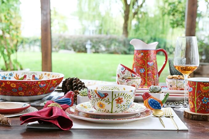 Bico Red Spring Birds Ceramic Coffee Mugs Set of 4, 18 oz Large Tea Cups with Handle, Aesthetic Latte Mugs for Cappuccino Cocoa, Lead-Free, Dishwasher and Microwave Safe, Housewarming Gift