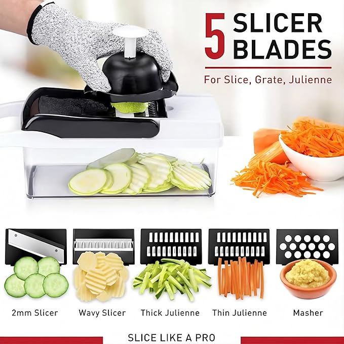 25-in-1 Vegetable Chopper, Onion Dicer, Food Slicer & Spiralizer with Container, Stainless Steel Blades, BPA-Free Multi-Function Kitchen Cutter for Meal Prep