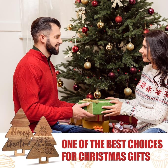 Umigy 2 Pcs Christmas Cutting Board Christmas Tree Charcuterie Boards Kitchen Wooden Santa Claus Acacia Cute Cutting Board with Handle for Housewarming Wedding Xmas Party Supplies