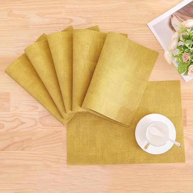 Homaxy Faux Leather Heat Resistant Placemats for Dining Table Set of 6, Waterproof Wipeable Washable PU Table Mats, Easy to Clean Anti-Slip Place Mats, 11.8" x 17", Yellow