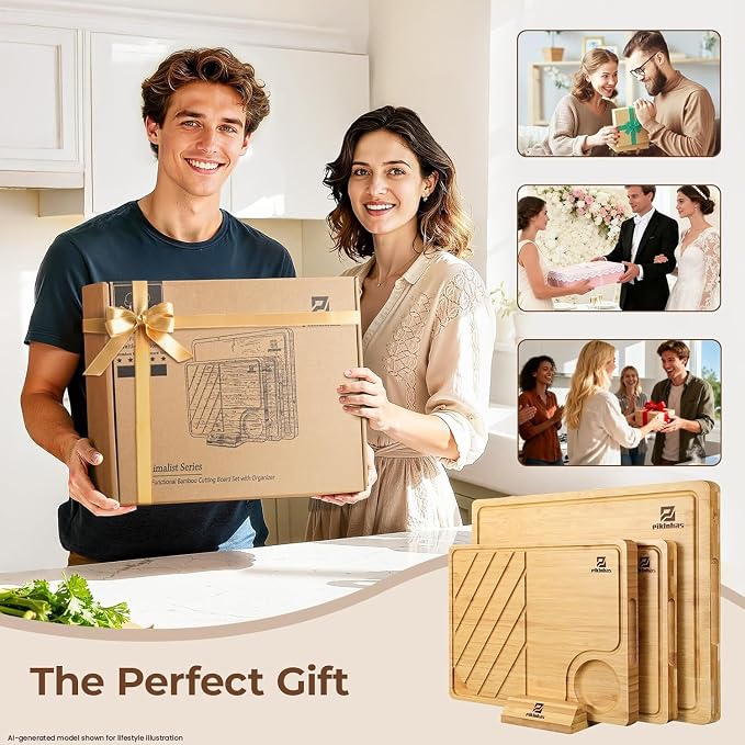 Piklohas Large Bamboo Cutting Boards Set of 4 for Kitchen, Bamboo Charcuterie Chopping Board with Holder Non Slip, Steak Serving Tray with Juice Groove, Big Butcher Block for Cheese, Ideal for Gift