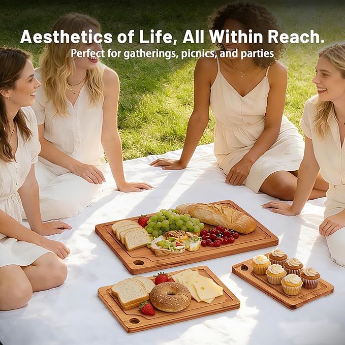 Bamboo Cutting Board for Kitchen, 3Pcs Thickened Wooden Cutting Board Set with Deep Juice Groove, Built-in Handles Durable Chopping Boards for Separating Meat, Vegetables, Fruits, Ideal Gift