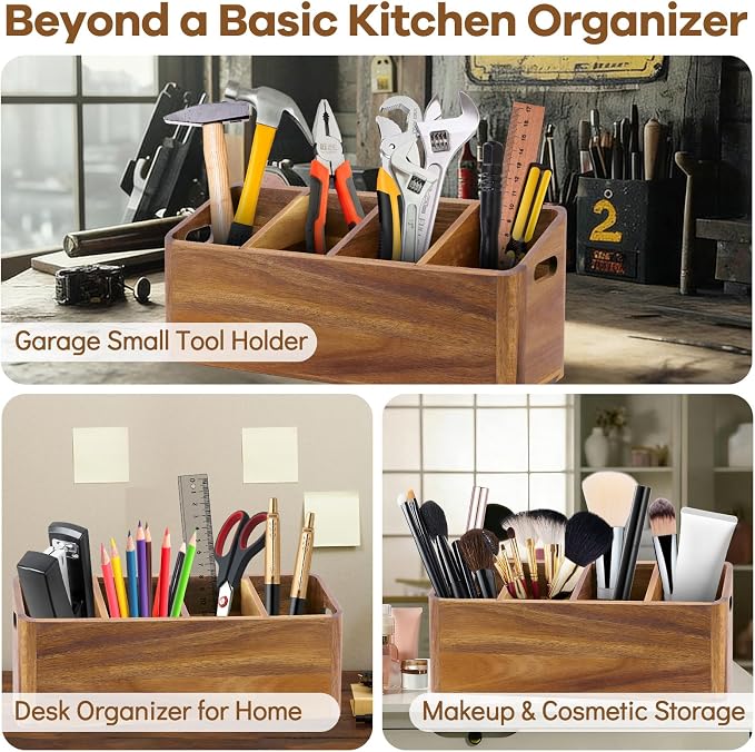 Wooden Kitchen Utensil Holder Countertop, Wooden Cooking Utensil Holder | Wood Kitchen Utensil Organizer 4 Compartments, Countertop Spoon HolderDecor